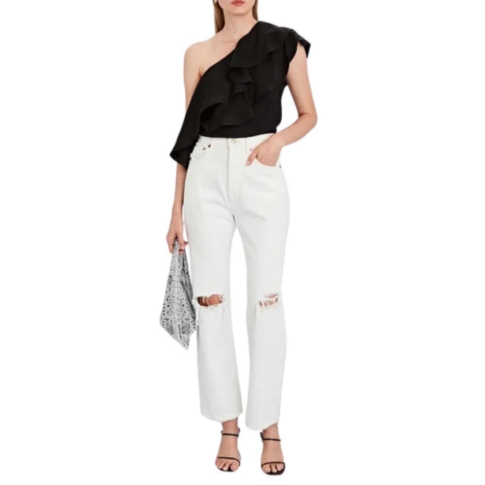 3.1 Phillip Lim Drapey One Shoulder Blouse Ruffle Trim Black Size 4